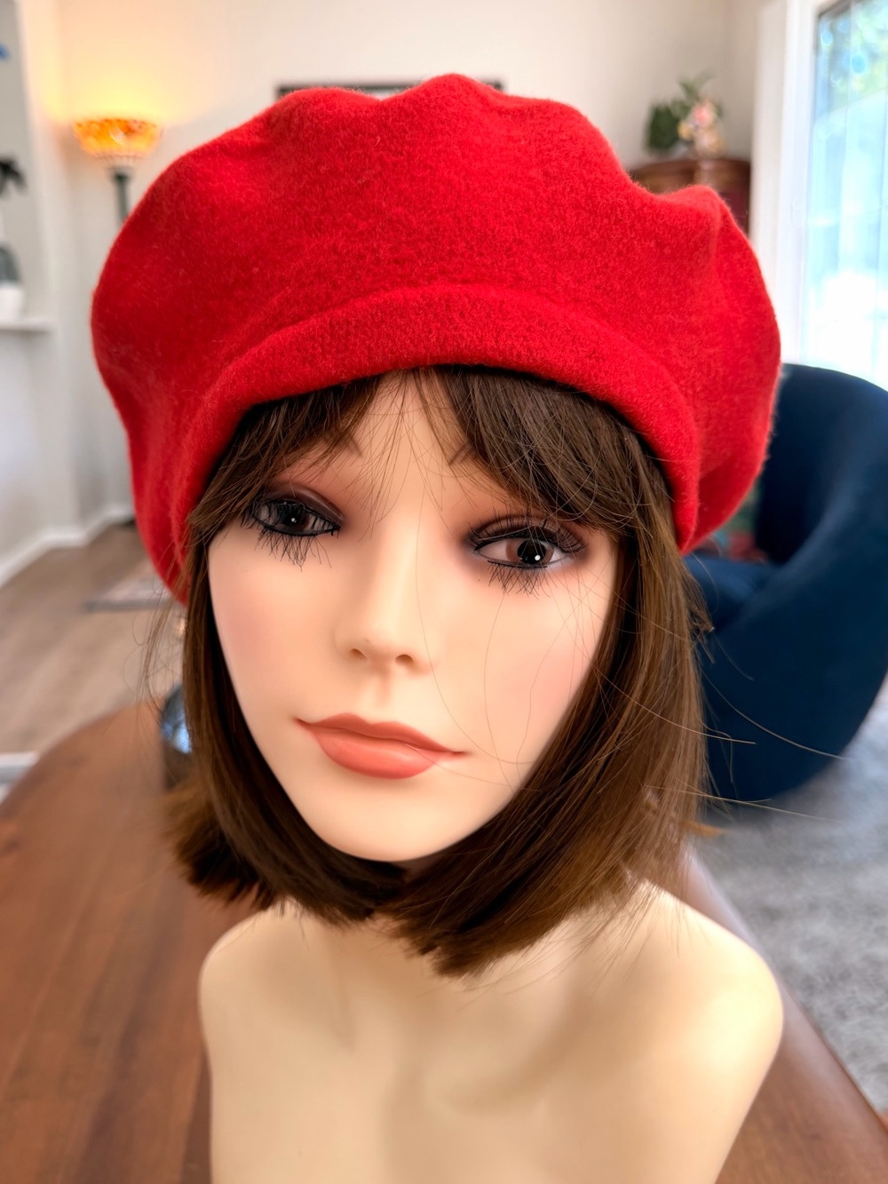 Red Wool Beret Thick Felted Slouchy French Style Fall Winter Hat 22”